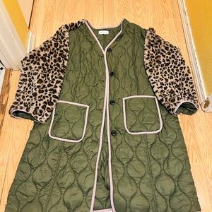 NWOT Anthropology Olive Green Quilted Coat with Leopard Print Sleeves sz 1x